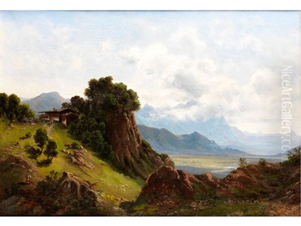 Voralpenlandschaft Mit Einer Alm Und Figurenstaffage - view 1