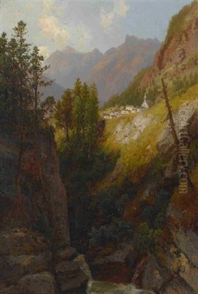 Gebirgslandschaft Mit Dorf - Wasserfall Im Gebirge (2 Works) - view 1