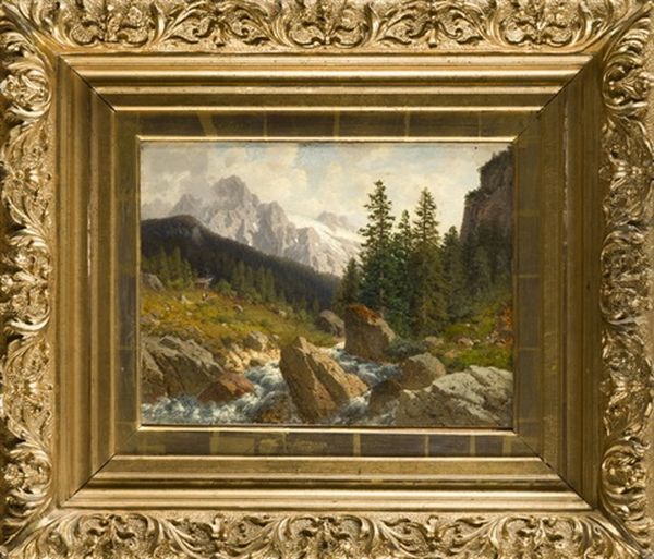 Alpine Landschaft Mit Wildbach U. Figurenstaffage - view 1