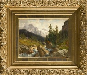 Alpine Landschaft Mit Wildbach U. Figurenstaffage by Josef Schoyerer