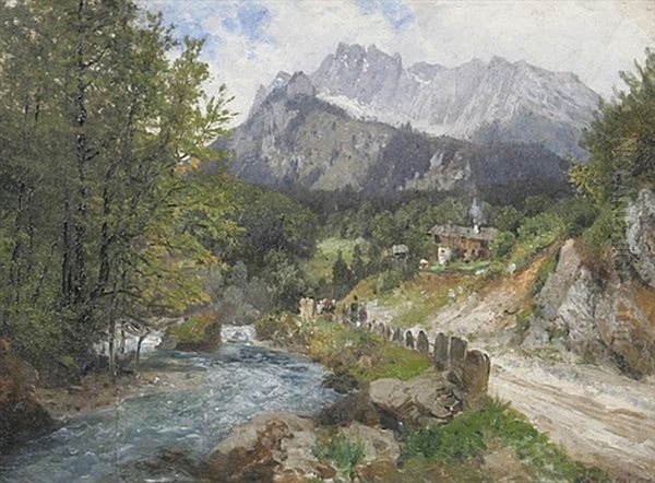 Alpenlandschaft Mit Bauern An Einem Gebirgsflus - view 1