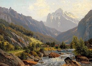 Blick In Besonntes Gebirgstal Mit Wildbach Und Aufragendem Massiv