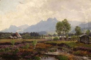 Moorlandschaft Im Vorgebirge: Murnauer Moor (+ Spazierganger Am Ufer Eines Voralpensees; 2 Works) by Josef Schoyerer