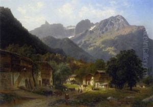Gebirgsdorf Mit Bauern Und Vieh Auf Der Strase by Josef Schoyerer