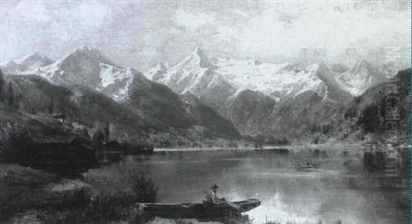 Bergsee Mit Einsamen Angler Im Vordergrund - view 1