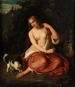 Halbakt Eines Jungen Madchens Mit Hundchens In Idyllischer Landschaft by Julius Friedrich Anton Schrader