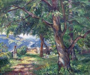 Zwei Frauen Auf Einem Ausblick In Waldiger Landschaft by Carl Hans Schrader-Velgen