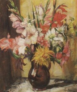 Blumenstilleben. Gladiolin, Dahlien Und Schlafmohn In Einem Tonkrug