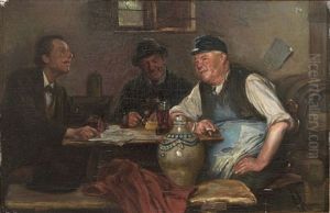 Drei Herren Im Weinkeller Diskutieren by Julius Schrag