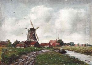 Hollandische Weidelandschaft Mit Kanal Am Rande Eines Dorfes by Julius Schrag