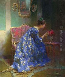 Dame In Blauem Kleid