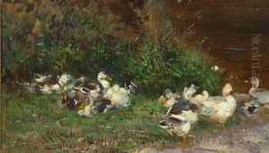 Entenschar An Einem Teichufer by Max Rudolf Schramm-Zittau