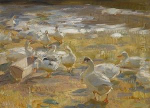 Entenschar Am Wasser by Max Rudolf Schramm-Zittau