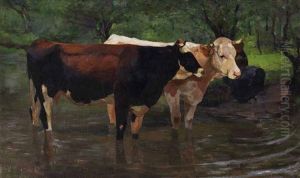 Zwei Stehende Kuhe Im Wasser by Max Rudolf Schramm-Zittau