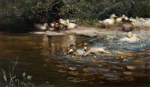 Entenschar Am Ufer Und Im Bach by Max Rudolf Schramm-Zittau