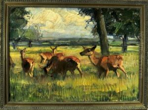 Eine Herde Rehe Auf Der Wiese Am Waldrand by Max Rudolf Schramm-Zittau