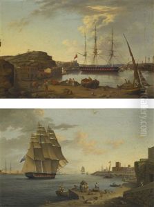 A British Frigate At Anchor, Port Mahon, Minorca; A British Frigate Leaving Port Mahon, Minorca