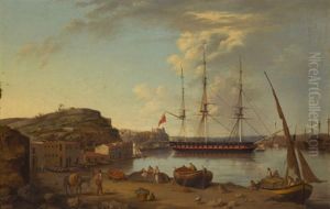 A British Frigate At Anchor, Port Mahon, Minorca by Anton Schranz