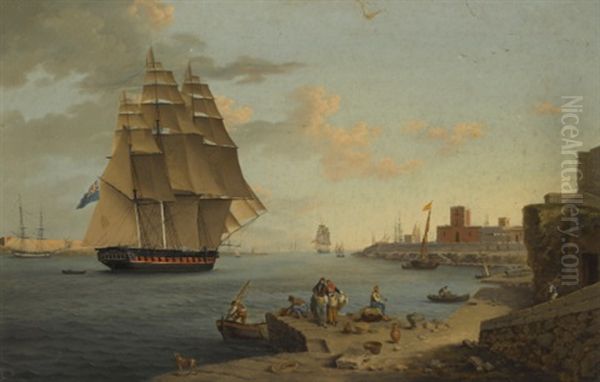 A British Frigate Leaving Port Mahon, Minorca - view 1