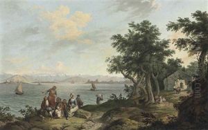 View Of The Port Of Corfu From The Island Of Vido, With Peasants And Goats Resting On The Shoreline In The Foreground by Anton Schranz
