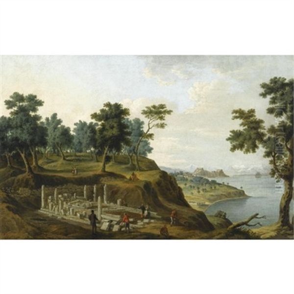 Figures Among The Ruins Of The Temple Of Artemis With The Citadel In The Distance, Corfu - view 1