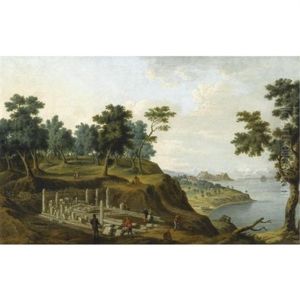Figures Among The Ruins Of The Temple Of Artemis With The Citadel In The Distance, Corfu by Anton Schranz