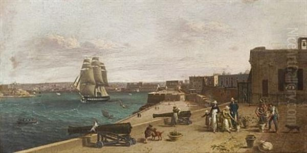 A Frigate Leaving The Grand Harbour, Watched By Townsfolk From The Lower Baracca, Valletta, Malta - view 1