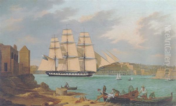 A Frigate Leaving The Grand Harbour At Valetta - view 1
