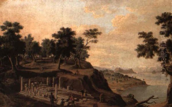 Figures At A Classical Ruin On A Wooded Coastline - view 1