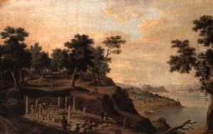 Figures At A Classical Ruin On A Wooded Coastline by Anton Schranz