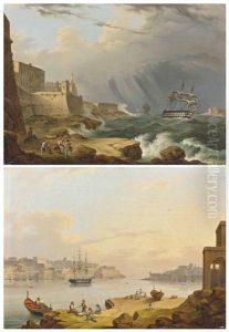 A British Frigate Rounding Senglea Point, Valletta, Malta During A Storm; And Valletta Harbour, Malta, With A Fifty-two-gun Fourth-rate Ship At Anchor (pair)
