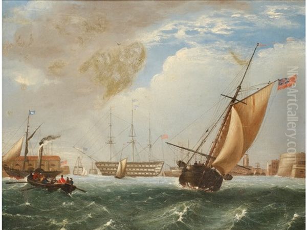 British Men-o-war At Anchor Within Harbours With Other Shipping (pair) - view 1