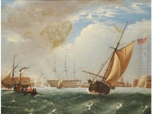 British Men-o-war At Anchor Within Harbours With Other Shipping (pair) thumbnail