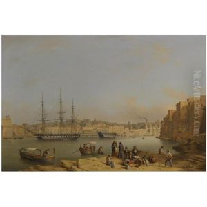 Hms "leander" At Anchor In Dockyard Creek, Valetta Harbour, A Man-of-war Being Fitted Out Beyond Hms "leander" At Anchor In Dockyard Creek, Valetta Harbour, A Man-of-war Being Fitted Out Beyond