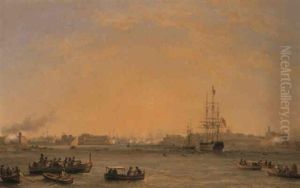 The Grand Harbour, Valetta, Malta, With A British Man Of War by John or Giovanni Schranz