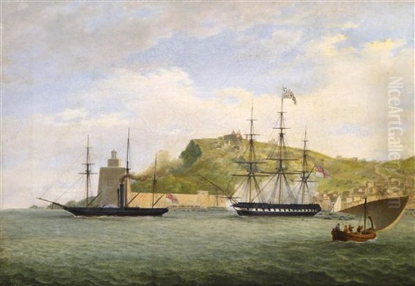 Paddle Steamer H.m.s. Salamander Towing A Frigate Out Of Corunna, Spain - view 1