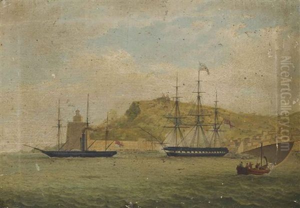 H.m.s. Salamander Off La Torre De Hercules At The Entrance To The Harbour Of La Coruna Towing A British Frigate, Flying The Flag Of The Governor... - view 1