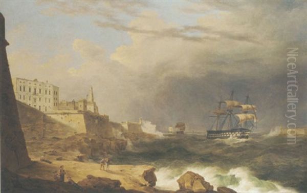 A Royal Navy Two-decker Leading A Squadron Into Grand Harbour, Valletta, In Heavy Weather - view 1