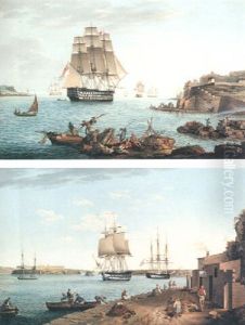 A Frigate And Other Shipping In The Harbour At Valetta by Joseph Schranz