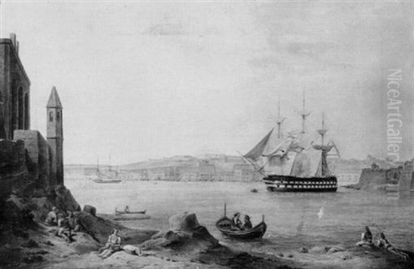 Valleta Harbour, Malta With A British Man Of War At Anchor - view 1