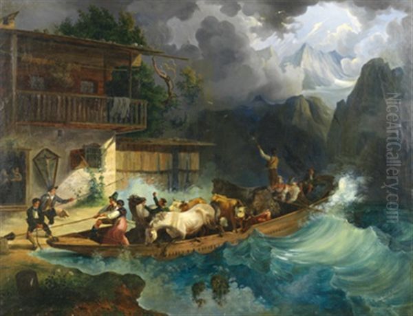 Die Flut, Bauern In Einer Zille Mit Pferden Und Rindern - view 1