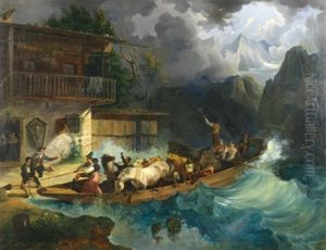 Die Flut, Bauern In Einer Zille Mit Pferden Und Rindern