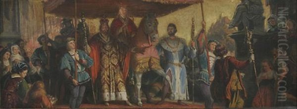 Festzug. Kaiser, Konig Und Der Berittene Papst Unter Einem Baldachin, Im Hintergrund Eine Burganlage (design For A Mural In The Speyer Cathedral) - view 1