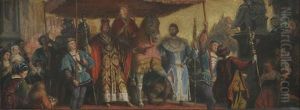 Festzug. Kaiser, Konig Und Der Berittene Papst Unter Einem Baldachin, Im Hintergrund Eine Burganlage (design For A Mural In The Speyer Cathedral)