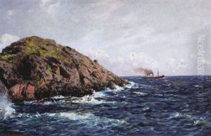 Uferstuck Im Sonnigen Licht Mit Vorbeiziehendem Dampfer by Paul Schreckhaase