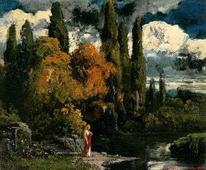 Abendliche Teichlandschaft Mit Hohepriesterin Am Ufer