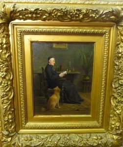 Interior Scene With A Priest Seated Reading A Book, A Dog Looking On
