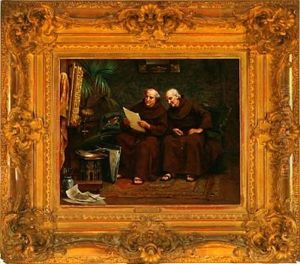 Interior With Two Monks Reading A Document by Charles Baptiste Schreiber