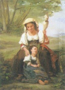 Jeune Femme Assise A La Quenouille Et Son Enfant