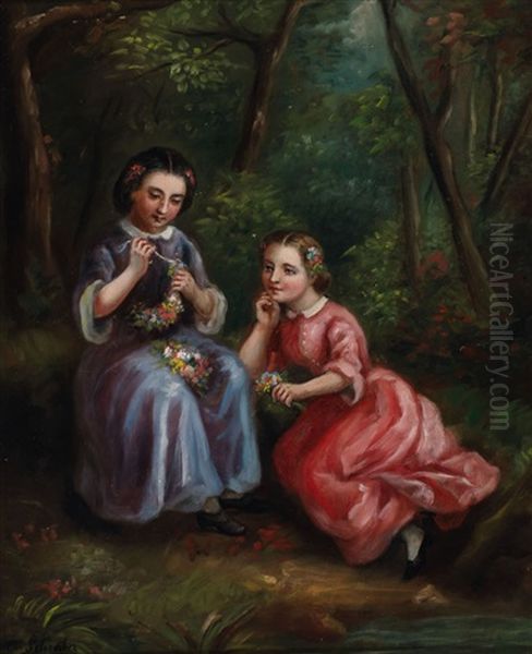 Young Girls Making Flower Crowns - view 1